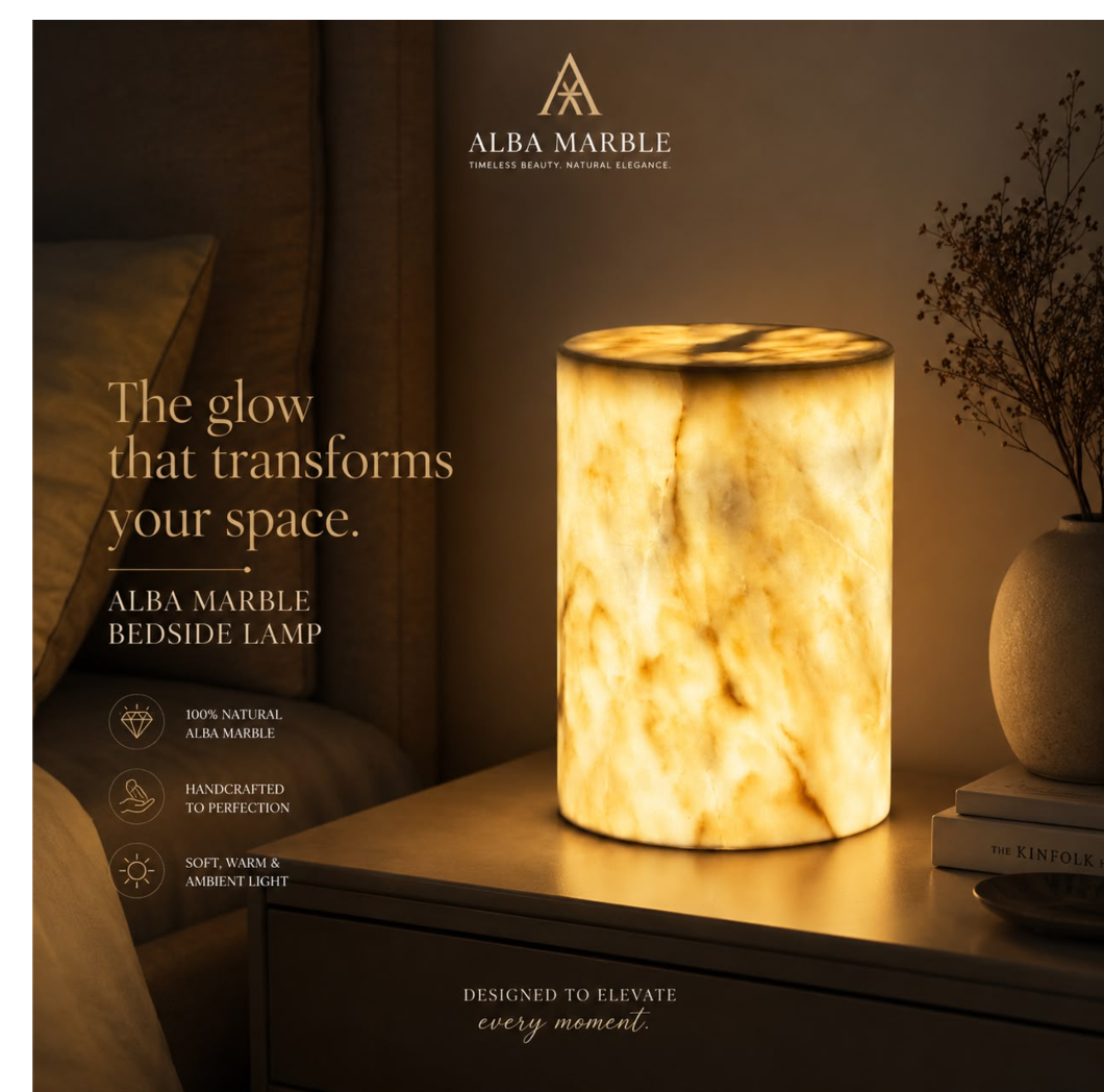 Alba Marble lamp illuminating an elegant bedroom