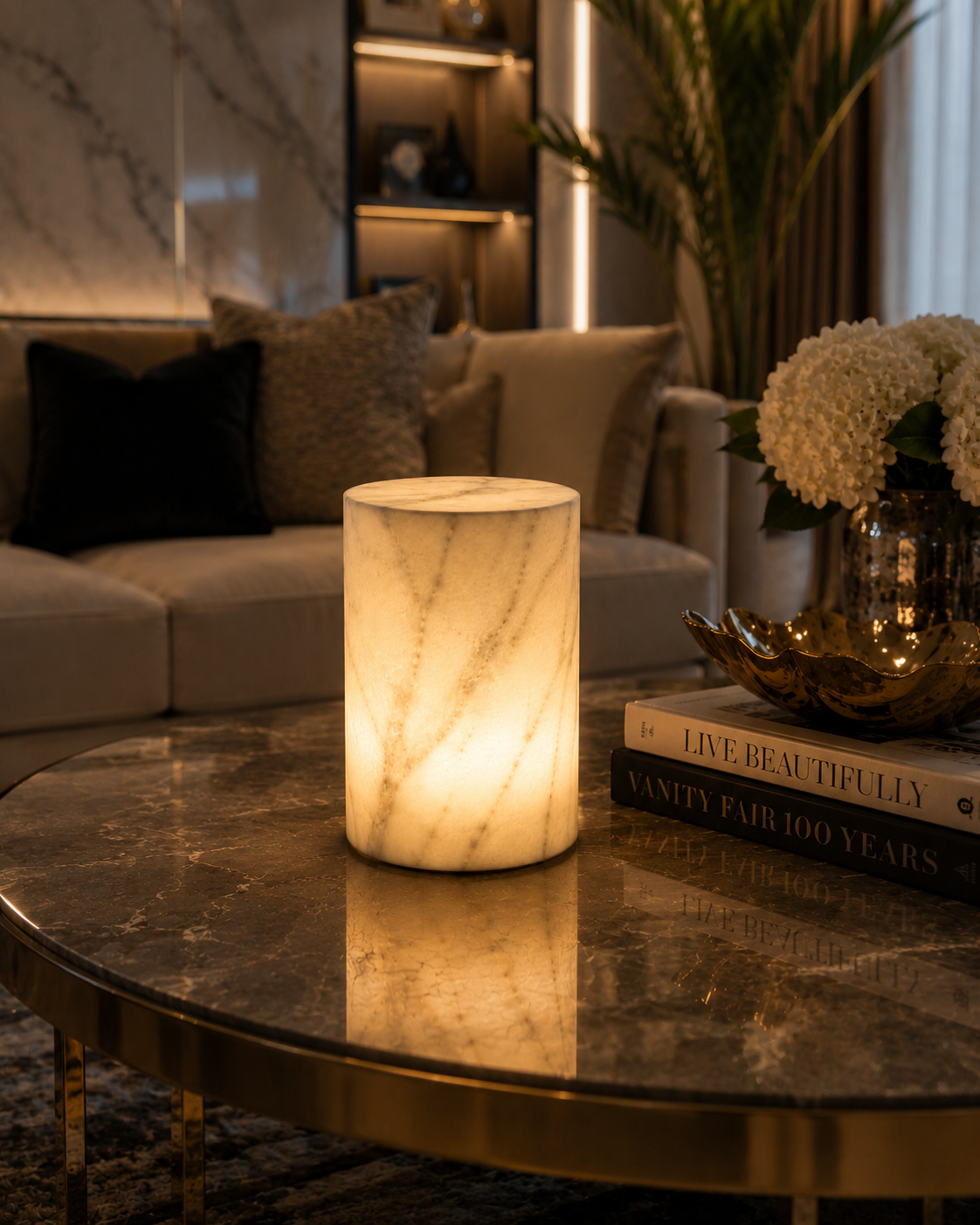 Alba Marble lamp glowing in a luxury living room